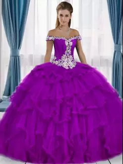 Purple Off The Shoulder Ruffled Tulle Long 15th Birthday Dress with Silver Bling