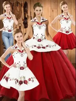 Customized White And Red Sweet 16 Dress Military Ball and Sweet 16 and Quinceanera with Embroidery Halter Top Sleeveless Lace Up