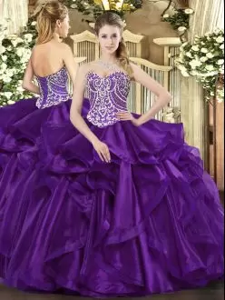 Purple Organza Lace Up Quinceanera Gowns Sleeveless Floor Length Beading and Ruffles