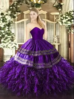 Decent Purple Ball Gowns Sweetheart Sleeveless Organza and Taffeta Floor Length Zipper Embroidery and Ruffles 15 Quinceanera Dress