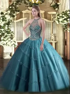 Elegant Teal Halter Top Illusion Beaded Skirt Ball Gown Quince Dress Sleeveless