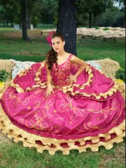 Fuchsia Taffeta Lace Up Quince Ball Gowns Sleeveless Floor Length Beading and Embroidery
