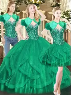 Customized Floor Length Ball Gowns Sleeveless Dark Green 15th Birthday Dress Lace Up
