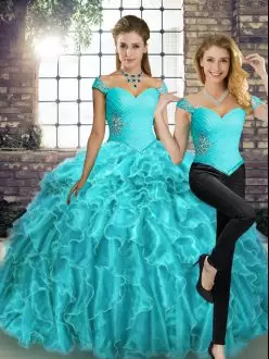 Fashion Aqua Blue Quinceanera Gowns Military Ball and Sweet 16 and Quinceanera with Beading and Ruffles Off The Shoulder Sleeveless Brush Train Lace Up
