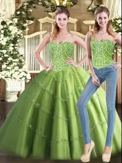 Exceptional Olive Green Lace Up Sweetheart Beading 15th Birthday Dress Tulle Sleeveless