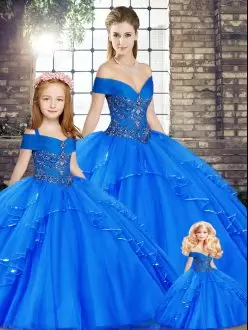Off The Shoulder Sleeveless Quinceanera Dresses Floor Length Beading and Ruffles Royal Blue Tulle
