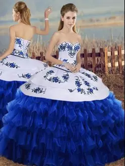 Royal Blue Sweetheart Lace Up Embroidery and Ruffled Layers Sweet 16 Dresses Sleeveless