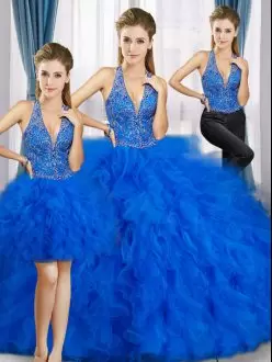 Royal Blue 15th Birthday Dress Sweet 16 and Quinceanera with Beading V-neck Sleeveless Lace Up