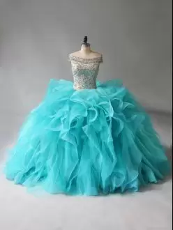 Ball Gowns Sleeveless Aqua Blue Quince Ball Gowns Brush Train Lace Up