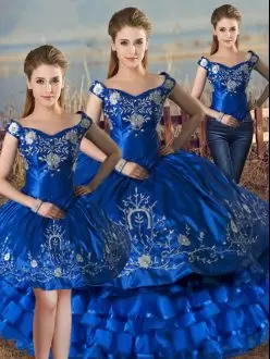 Decent Sleeveless Satin and Organza Floor Length Lace Up Quinceanera Gown in Royal Blue with Embroidery and Ruffled Layers