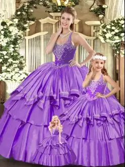 Best Floor Length Lace Up Ball Gown Prom Dress Lilac for Military Ball and Sweet 16 and Quinceanera with Beading and Ruffled Layers