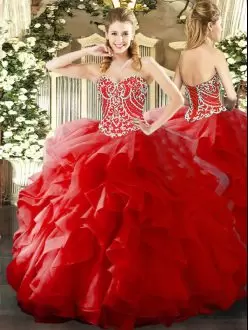 Sleeveless Floor Length Beading and Ruffles Lace Up Ball Gown Prom Dress with Red