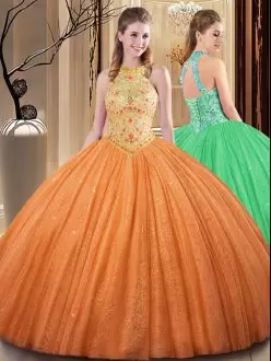 Modern Orange Backless Vestidos de Quinceanera Embroidery Floor Length