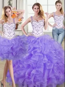 Eye-catching Lavender Sleeveless Floor Length Beading and Lace and Ruffles Lace Up Quinceanera Gown Straps