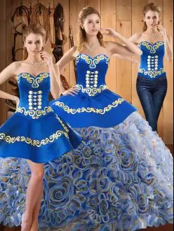 Strapless Sleeveless Sweep Train Lace Up Quinceanera Dress Multi-color Satin and Fabric With Rolling Flowers Embroidery