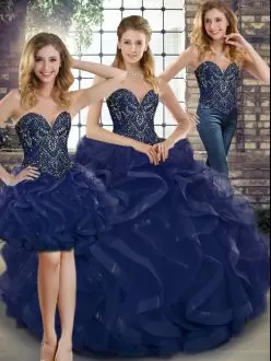 Hot Sale Sleeveless Floor Length Beading and Ruffles Lace Up Ball Gown Prom Dress with Navy Blue