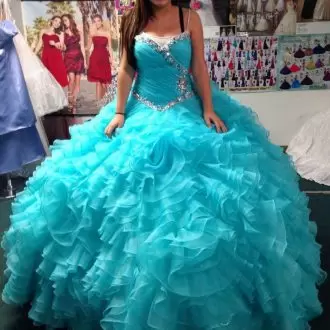 Pretty Aqua Blue Organza Straps Quinceanera Gown with Beading and Ruffles