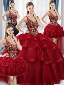 Sleeveless V-neck Beading and Ruffled Layers Lace Up Quinceanera Dresses