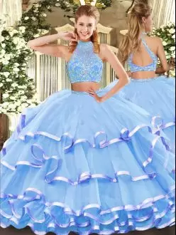 Tulle Halter Top Sleeveless Criss Cross Beading and Ruffled Layers 15th Birthday Dress in Aqua Blue