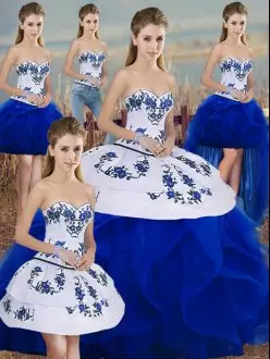 Superior Royal Blue Tulle Lace Up Sweetheart Sleeveless Floor Length Quinceanera Dress Embroidery and Ruffles and Bowknot