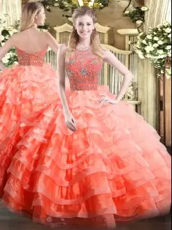 Affordable Ball Gowns 15 Quinceanera Dress Orange Red Halter Top Organza Sleeveless Floor Length Zipper