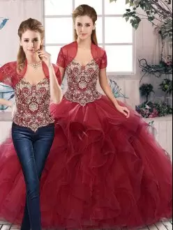 Off The Shoulder Sleeveless Quinceanera Gowns Floor Length Beading and Ruffles Burgundy Tulle