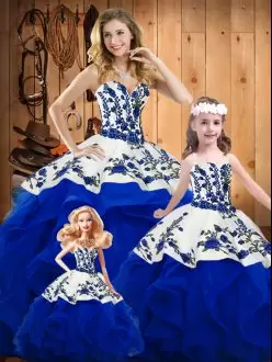 Organza Sweetheart Sleeveless Lace Up Embroidery and Ruffles Quinceanera Gown in Royal Blue