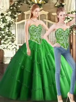 Green Two Pieces Beading Ball Gown Prom Dress Lace Up Tulle Sleeveless Floor Length