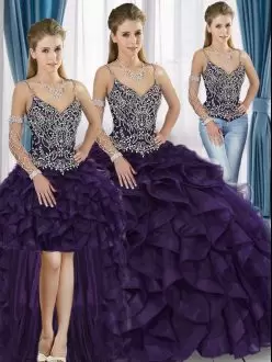 Grape Purple Organza Ruffles Beaded Top 4 Pieces Quinceanera Dress
