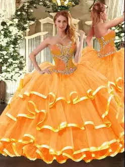 High Class Organza Sweetheart Sleeveless Lace Up Beading and Ruffled Layers Sweet 16 Quinceanera Dress in Orange