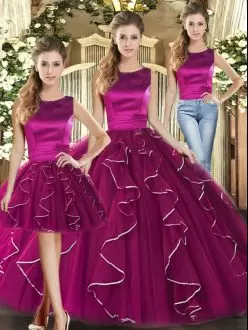 Fuchsia Three Pieces Ruffles Quinceanera Dress Lace Up Tulle Sleeveless Floor Length