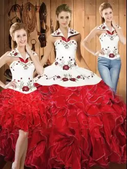 White And Red Halter Top Neckline Embroidery and Ruffles Quinceanera Dress Sleeveless Lace Up