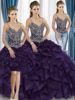 Tulle Straps Sleeveless Lace Up Beading and Ruffles Quinceanera Dresses in Purple