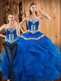 Pretty Blue Sweetheart Lace Up Embroidery and Ruffles Vestidos de Quinceanera Sleeveless