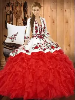 Red Sleeveless Floor Length Embroidery and Ruffles Lace Up Quince Ball Gowns Sweetheart