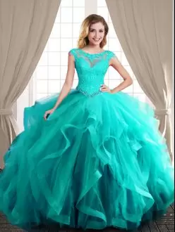 Scoop Cap Sleeves Sweet 16 Dresses With Brush Train Beading and Appliques and Ruffles Turquoise Tulle