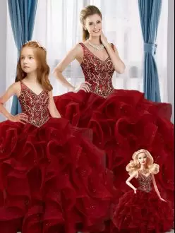 Wine Red Sweet 16 Dress Sweet 16 and Quinceanera with Beading and Ruffles V-neck Sleeveless Lace Up