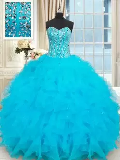 Fashion Floor Length Lace Up Vestidos de Quinceanera Baby Blue for Military Ball and Sweet 16 and Quinceanera with Beading and Ruffles