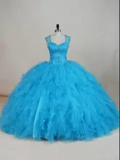 Glamorous Baby Blue Straps Neckline Beading and Ruffles Quince Ball Gowns Sleeveless Zipper