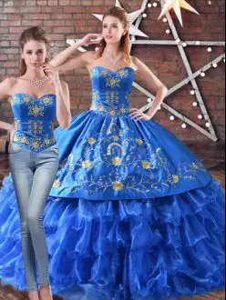 Trendy Blue Ball Gowns Sweetheart Sleeveless Organza Floor Length Lace Up Embroidery Quinceanera Gown