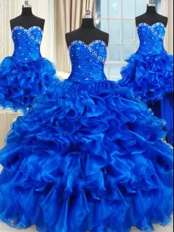 Sleeveless Floor Length Beading and Ruffles Lace Up 15 Quinceanera Dress with Royal Blue