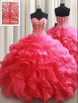 Sleeveless Floor Length Beading and Ruffles Lace Up Quinceanera Gown with Coral Red