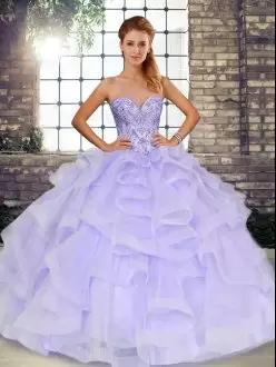 Unique Sweetheart Sleeveless Tulle Quince Ball Gowns Beading and Ruffles Lace Up