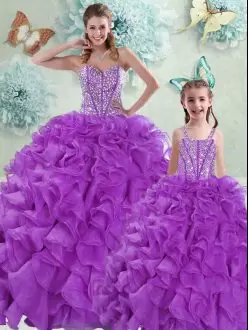 Sophisticated Eggplant Purple Ball Gowns Sweetheart Sleeveless Organza With Brush Train Lace Up Beading and Ruffles Ball Gown Prom Dress