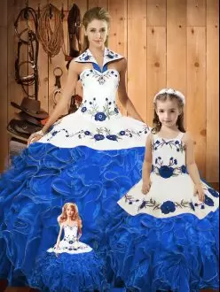 Fashionable Halter Top Sleeveless Lace Up Vestidos de Quinceanera Blue Tulle Embroidery and Ruffles