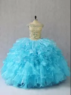 Latest Baby Blue Organza Lace Up Off The Shoulder Sleeveless Floor Length Sweet 16 Dresses Ruffles