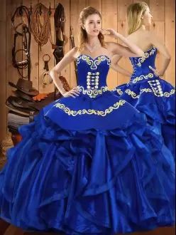 Embroidery and Ruffles Quinceanera Dress Royal Blue Lace Up Sleeveless Floor Length