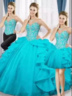 Floor Length Aqua Blue Quinceanera Dresses Organza Sleeveless Beading and Ruffles