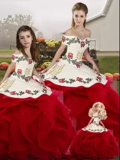 Fantastic White And Red Sleeveless Embroidery and Ruffles Floor Length Quinceanera Dress