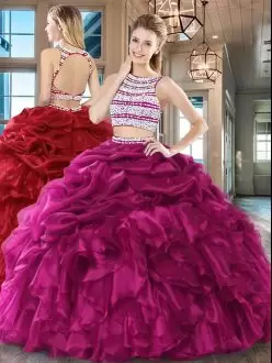 Sweet Fuchsia Two Pieces Scoop Sleeveless Organza Floor Length Backless Beading and Ruffles and Pick Ups Sweet 16 Quinceanera Dress